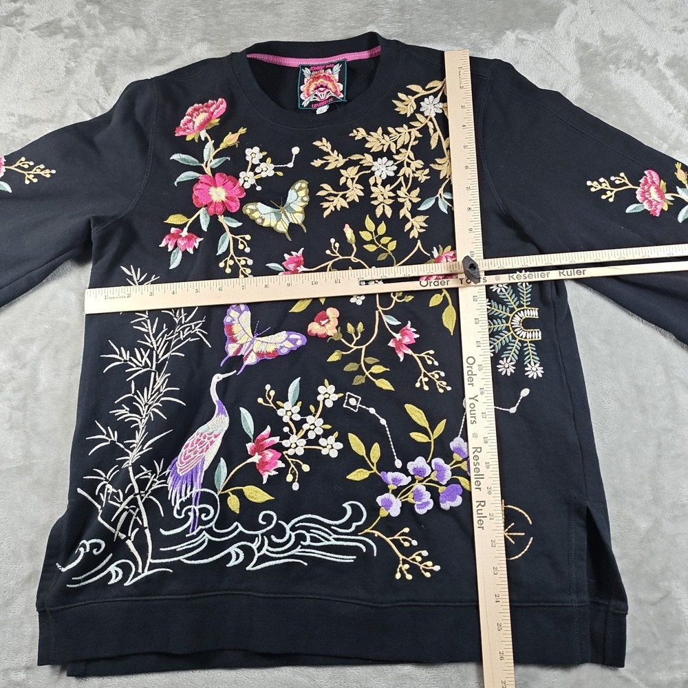 Johnny Was Sweatshirt Womens Medium Black Embroidered Floral Butterfly Pullover - Picture 6 of 7